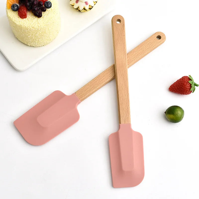 2Pcs/Set White Silicone Cream Spatula Non-stick Pastry Blenders Wood