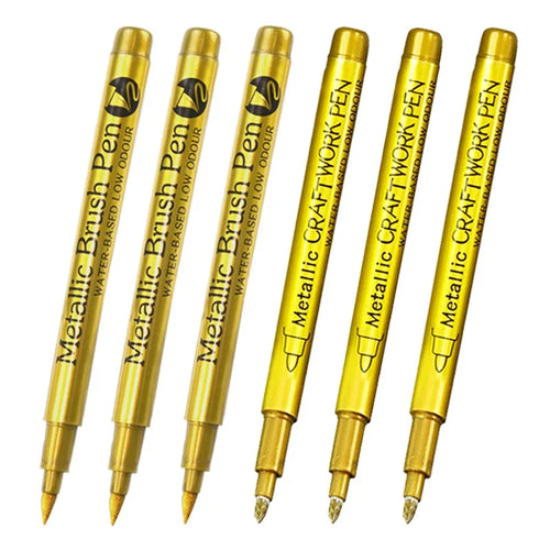 6Pcs Brush Metallic Paint Marker Pens Gold Silver Color Permanent Art
