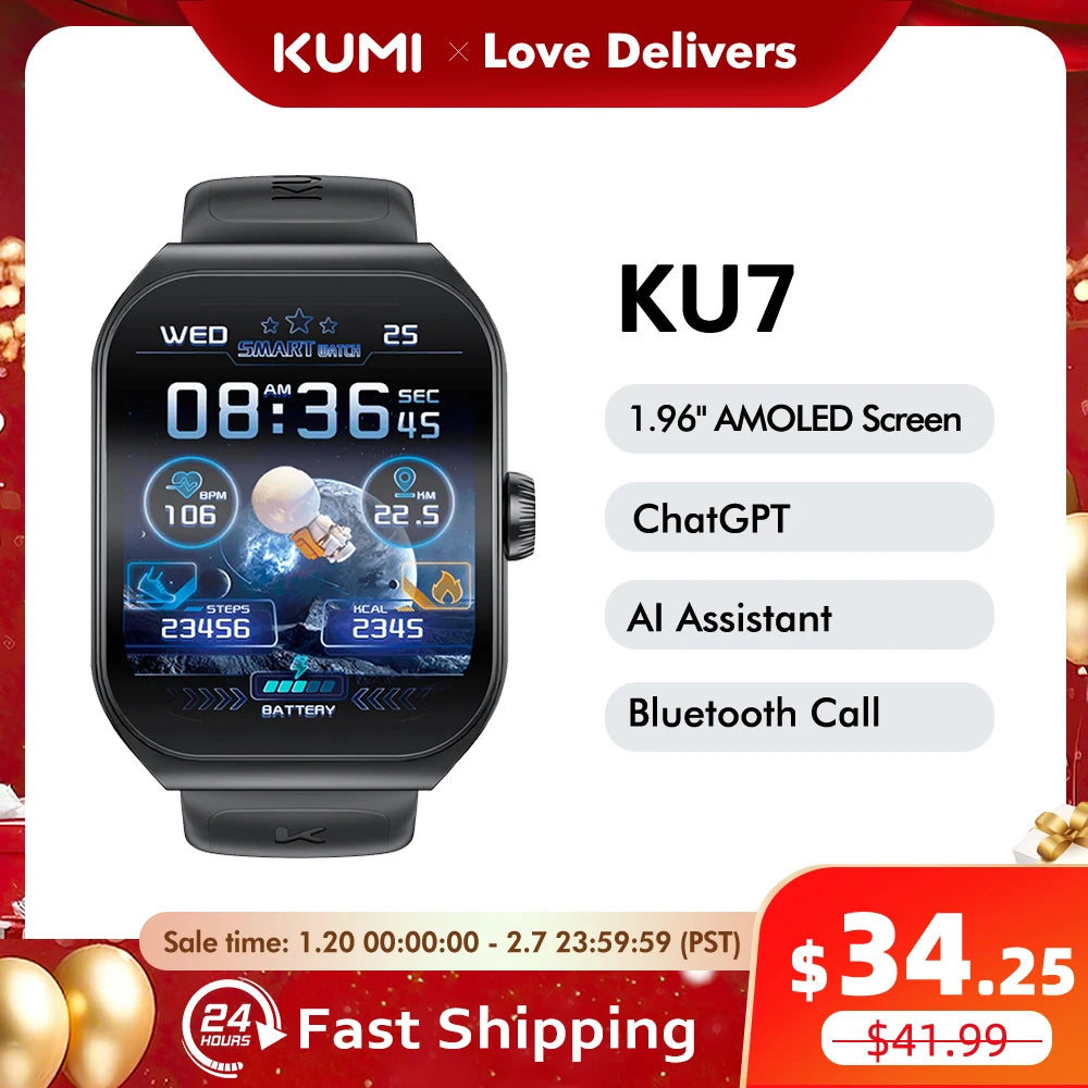 KUMI KU7 Smartwatches 1.96" Amoled 100+Sport Modes NFC IP68 Waterproof