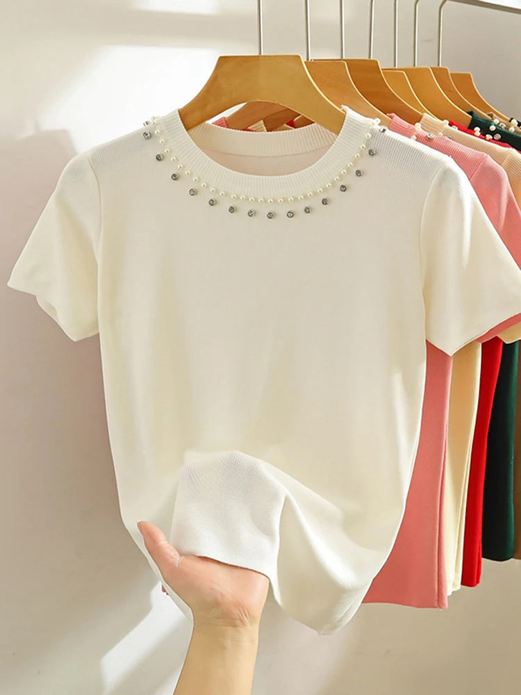 2024 Korea Knitted T-shirt Women Top Solid Tank Y2K Summer New Fashion
