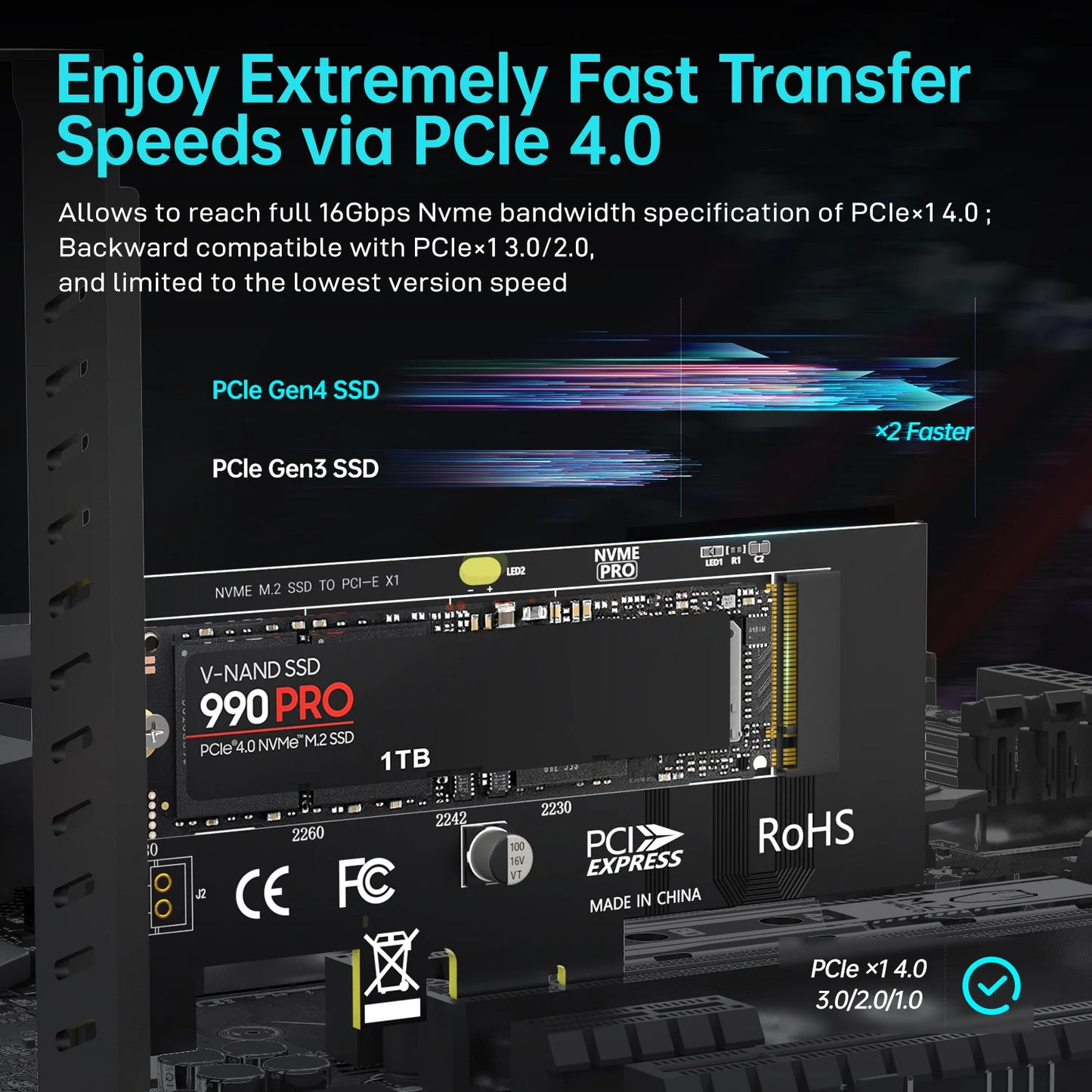 JEYI M.2 NVME SSD to PCIe 4.0 x1 Adapter Card, 2280 SSD PCIE X1