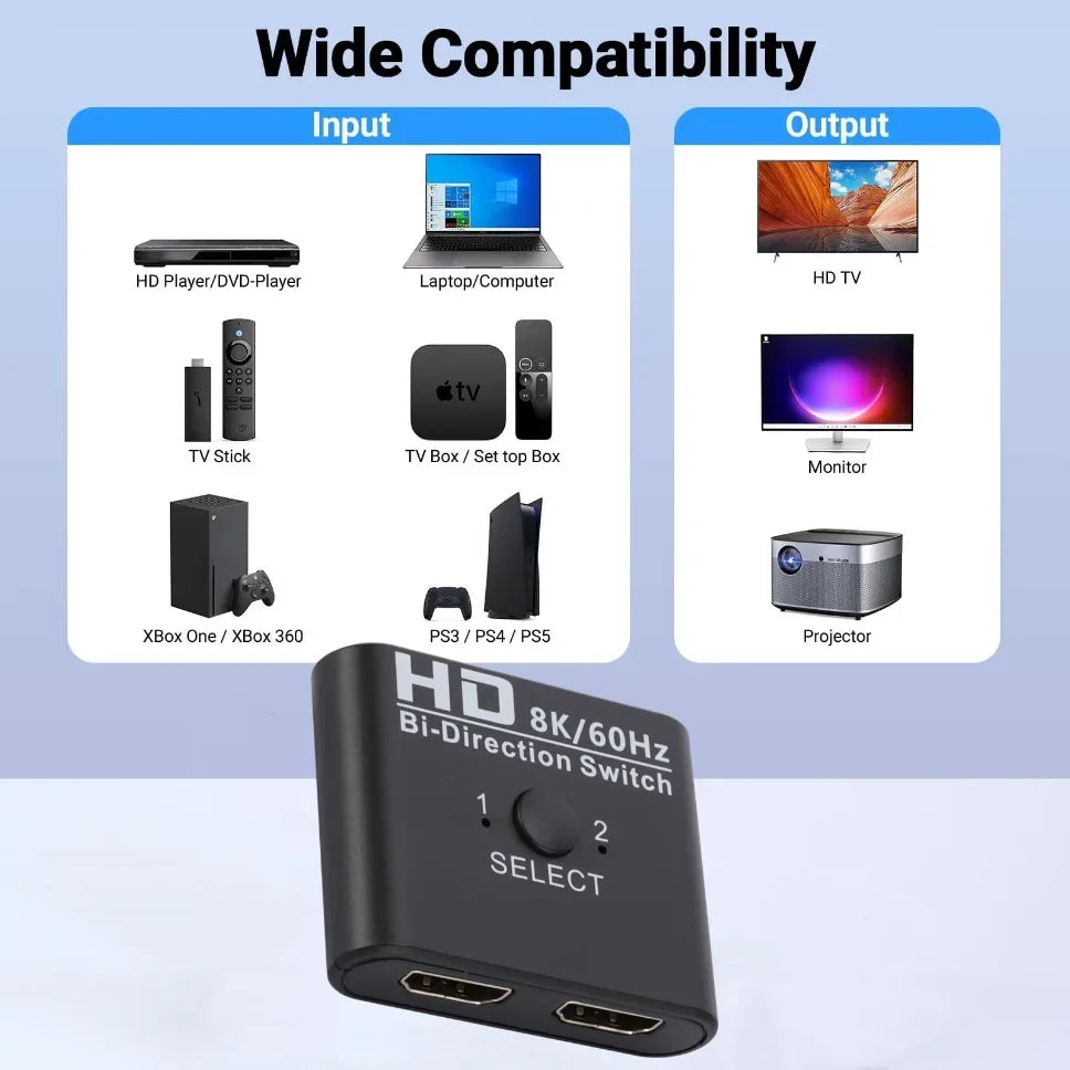 8K 60Hz HDMI-Compatible Switch Splitter Bi-Direction 1x2/2x1