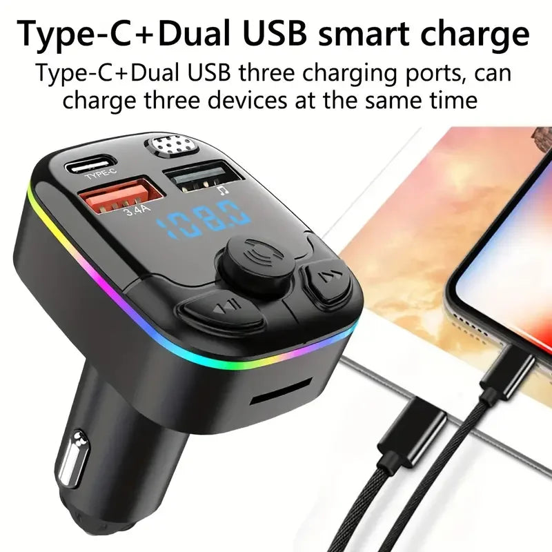 1pc Bluetooth 5.0 Car FM Transmitter PD Type-C Dual USB Ambient Player