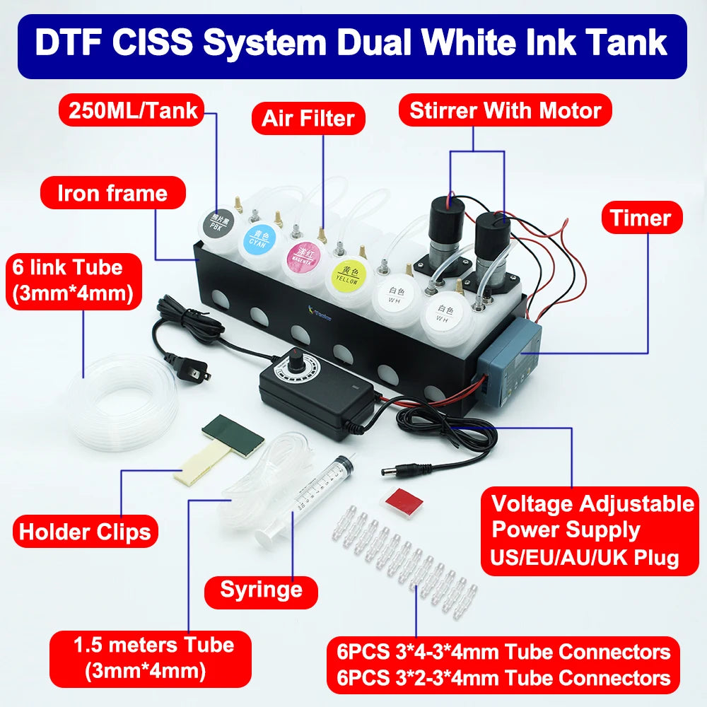 250ML DTF CISS Ink System Convert DIY Kit Dual White Ink Tank Shake