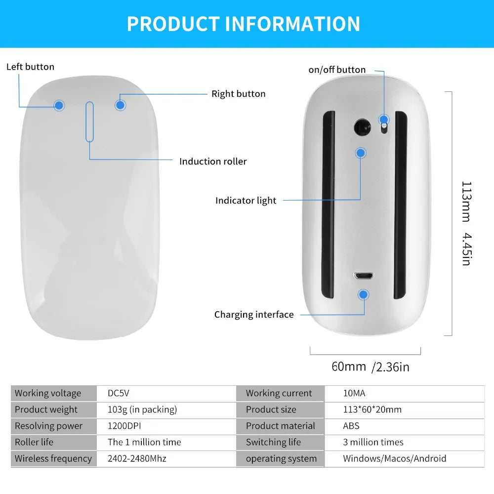 Bluetooth Wireless Mouse Silent Rechargeable Laser Computer Mouse Slim