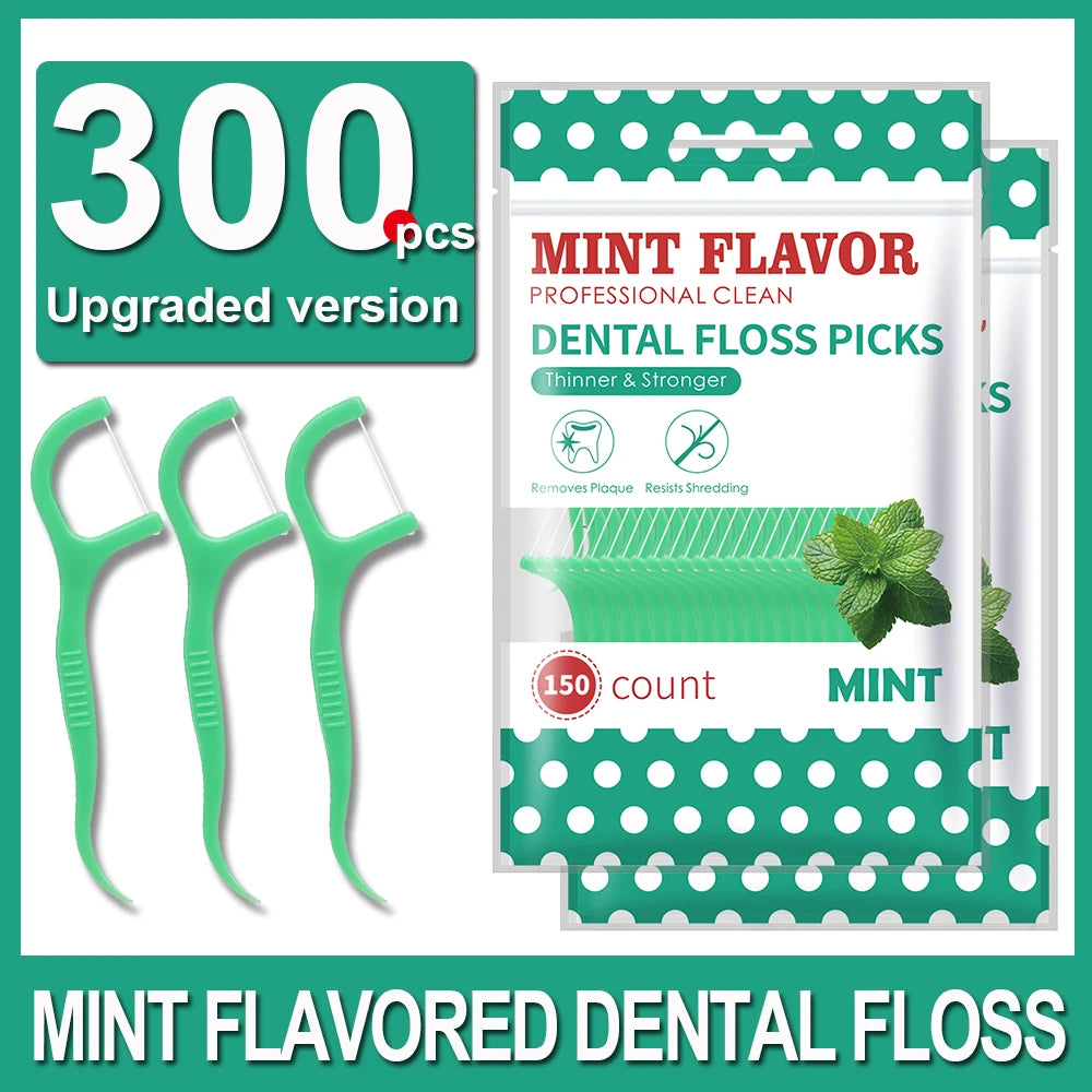 300pcs Mint Adult Dental Floss Sticks - Ultra-Fine Flosser Home Set -