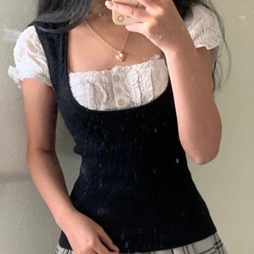 Korean Kawaii Patchwork Women T-shirt Y2K Aesthetic Vintage Milkmaid