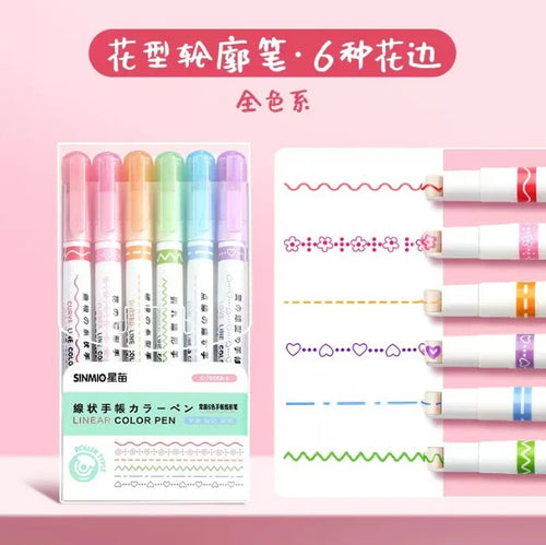 6Pcs/Set Kawaii Flower Line Shape Highlighter Pen Roller Tip Curve