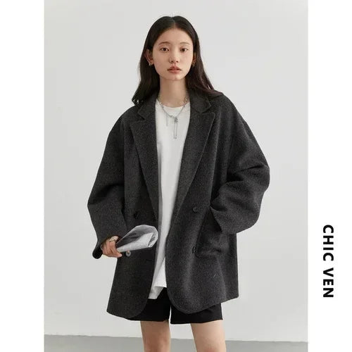 CHIC VEN Women's Woolen Coats Loose Casual Double Breasted Retro