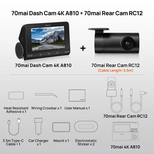 Global 70mai Dash Cam A810 Ultra HD 4K Built-in GPS ADAS Auto Record