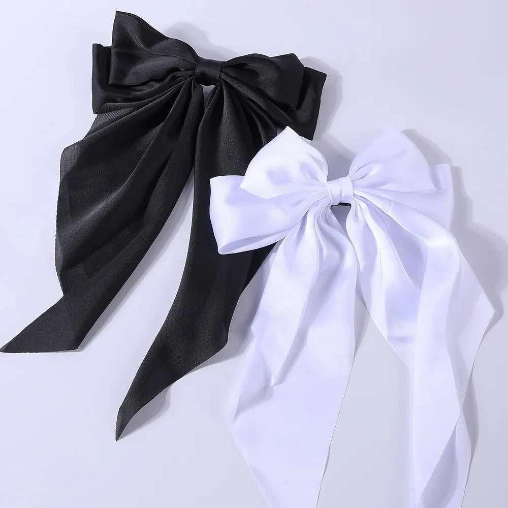 Women Elegant Bow Ribbon Hair Clip Fashion Solid Satin Spring Clip