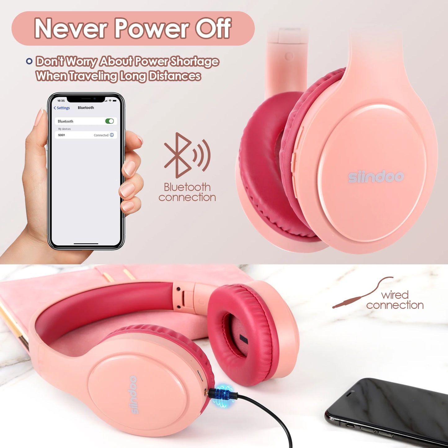 Siindoo Wireless Bluetooth Headphones 3 Colors Foldable Stereo