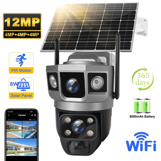 V380 Pro 12MP  Solar WIFI IP Camera CCTV Two Lens Three Screen Auto
