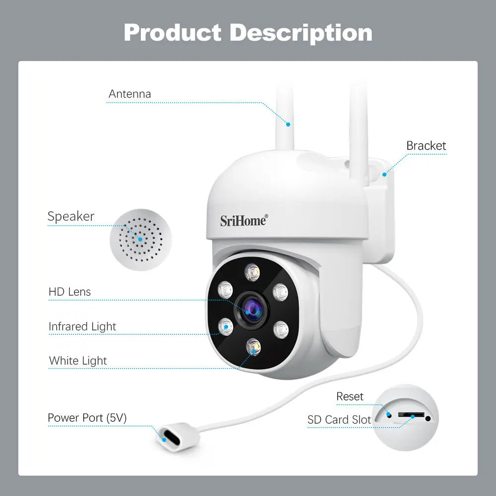 Srihome SH061 Wireless Monitoring Camera PTZ AI 1080P Home Security