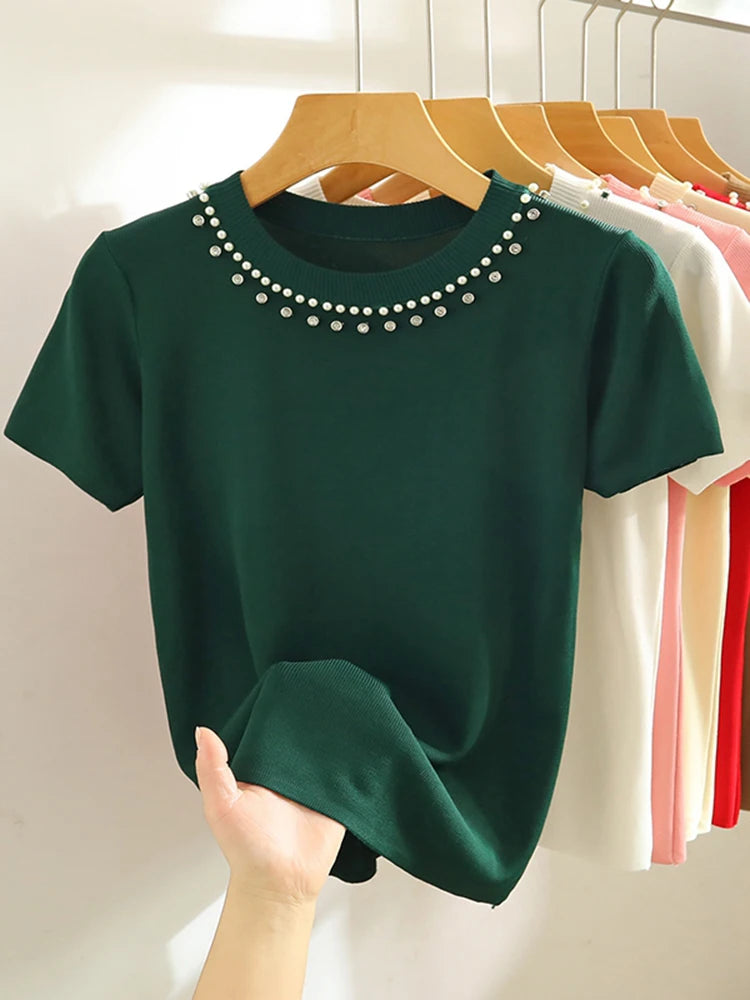 2024 Korea Knitted T-shirt Women Top Solid Tank Y2K Summer New Fashion