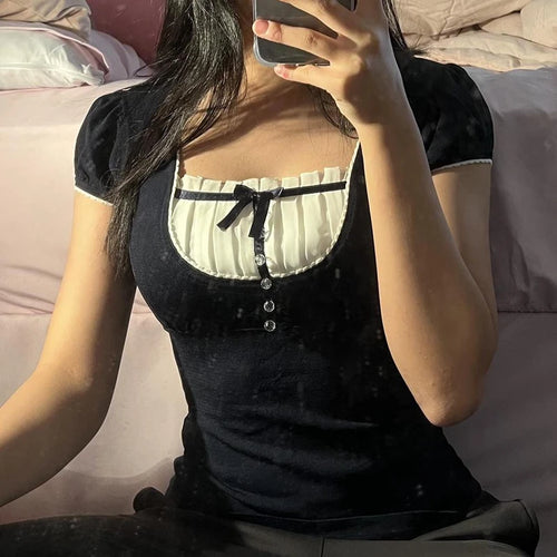 Korean Kawaii Patchwork Women T-shirt Y2K Aesthetic Vintage Milkmaid