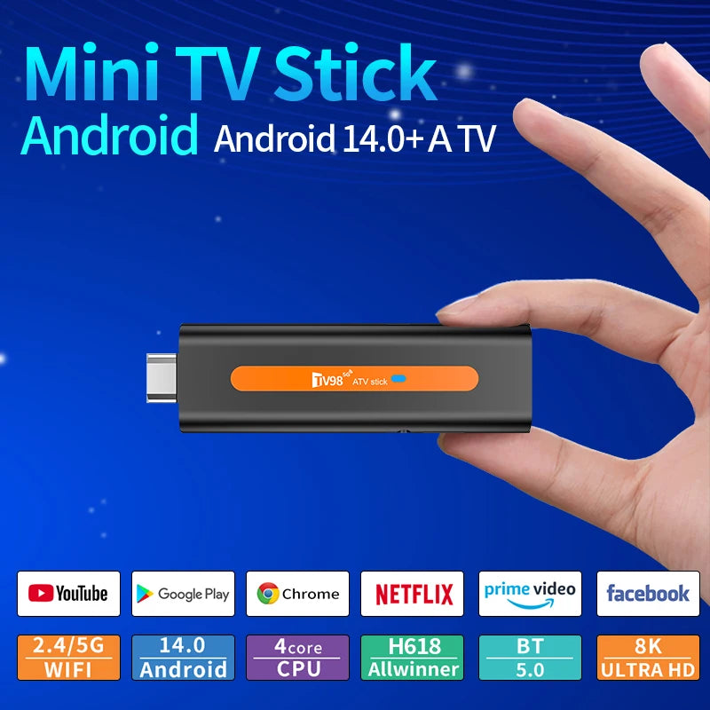 ATV Smart TV Stick Android 14 Support HD 8K Video 4K BT5.0 WiFi 6