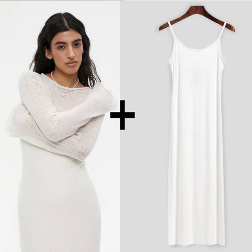 Spring Autumn O-Neck Elastic Knit Long Dresses Women 2024 Elegant Chic