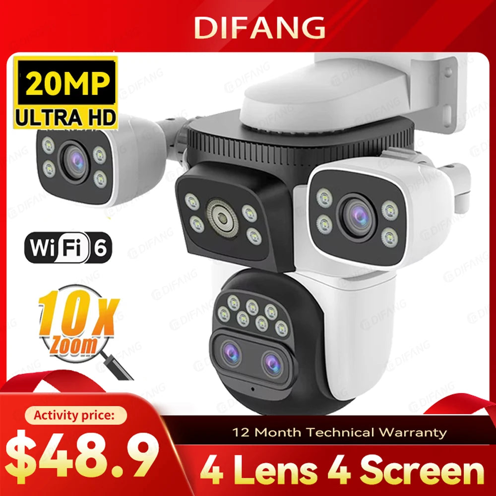 10K UHD WiFi6 IP Camera Outdoor 10X Zoom CCTV Surveillance Cam Four