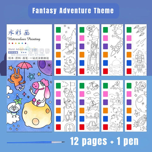 Kids Portable Watercolor Painting Book Paint With Water Brush Gouache