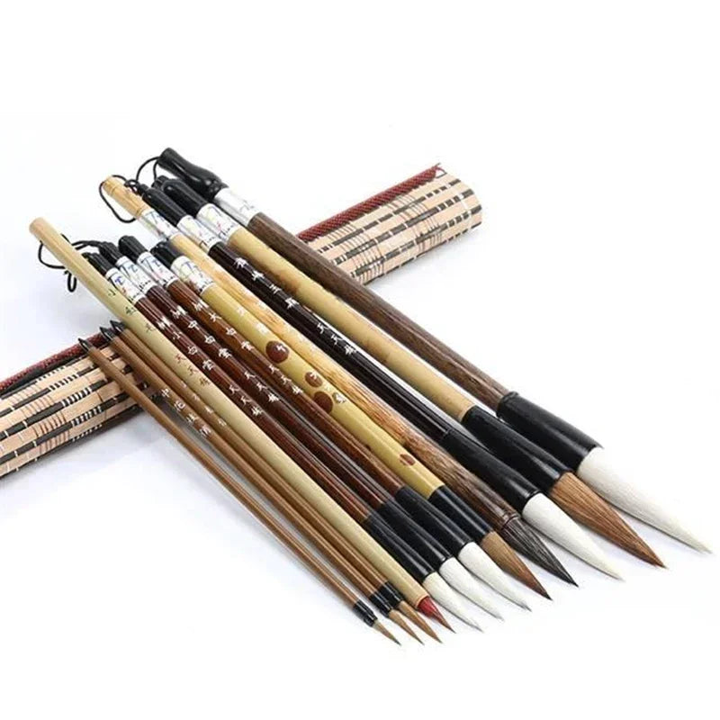 6/9/12/16Pcs Chinese Calligraphy Brushes Set with Roll-up Bamboo Brush