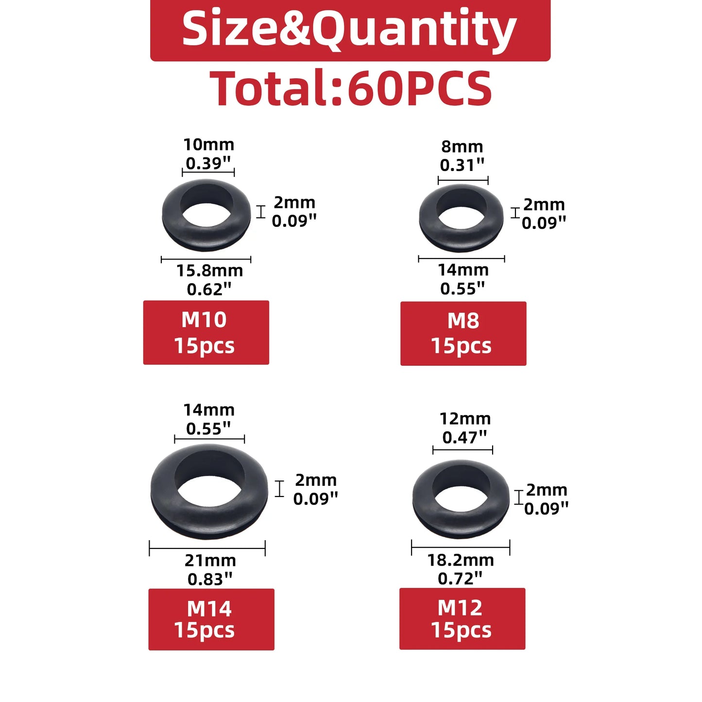 60pcs Black O Ring Rubber Washer Seals Gasket Grommet Assortment Kit