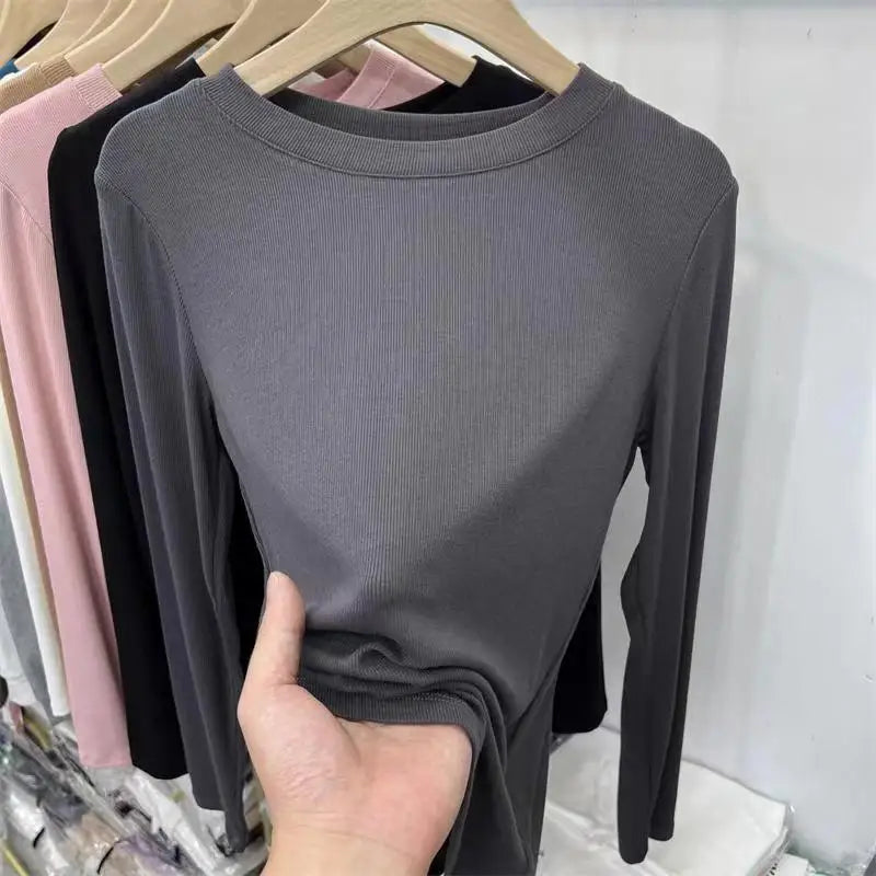 Autumn Office Lady Basic O-Neck Slim T-Shirt Women Solid Multi Color
