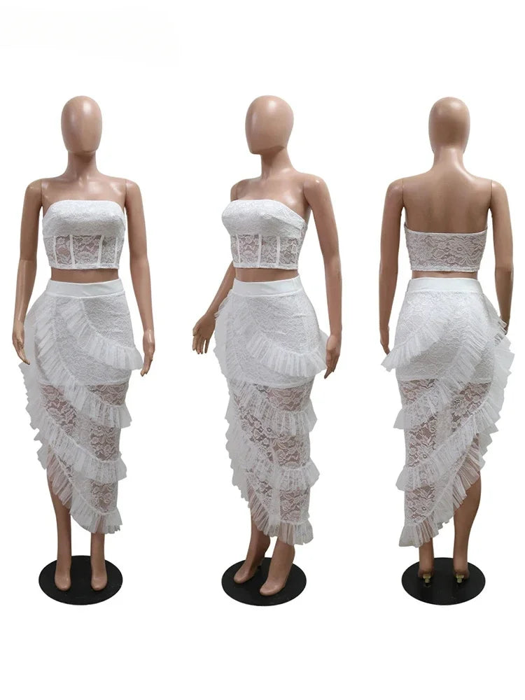 Sexy Two 2 Piece Sets Night Club Outfits for Women White Lace See