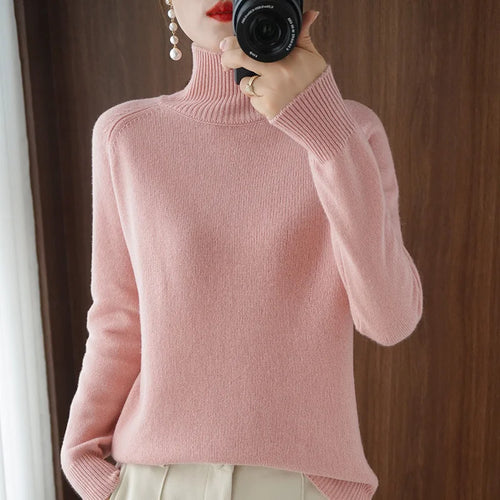 Fashion Basic Autumn Winter  Merino Wool Sweater Mock Neck Cashmere