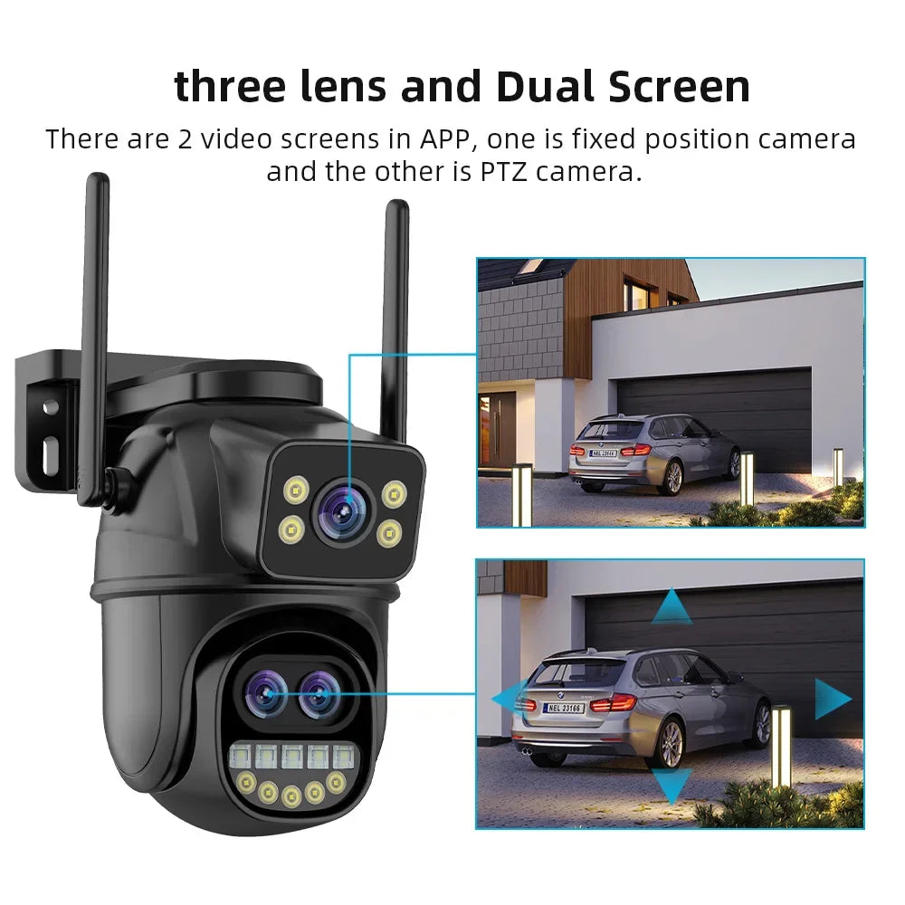 6K 12MP ICSEE Wifi Security Camera 3 Lens Dual Screen 8X Zoom Outdoor
