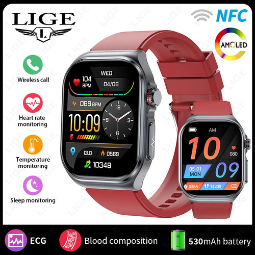 LIGE AMOLED Smart Watch ET585 Men ECG Blood Compositoin Health