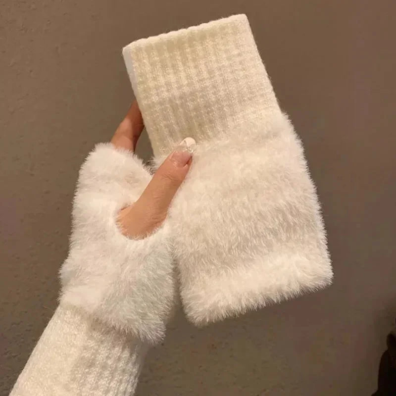 2024 New Mink Fleece Half Finger Gloves for Women's Soft Winter Warmth