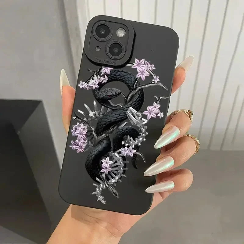 Black Snake Patterned Flower Print Phone Case For iPhone 16 15 14 13