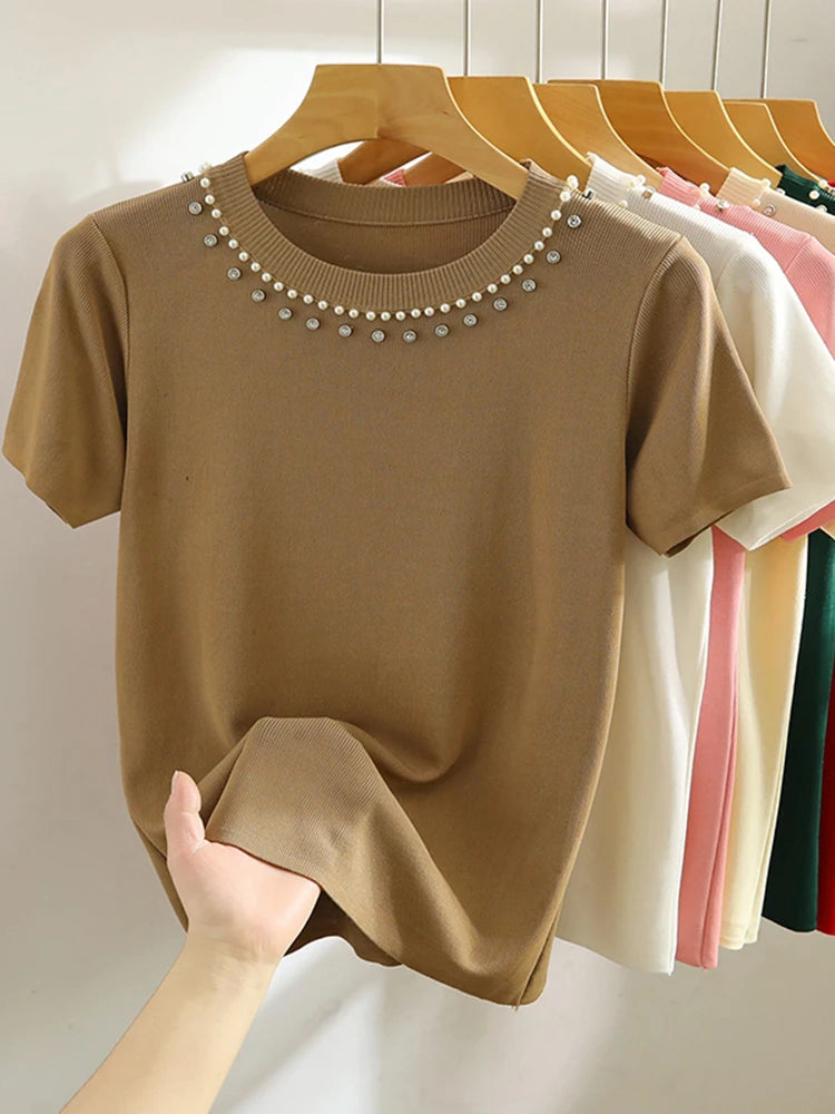 2024 Korea Knitted T-shirt Women Top Solid Tank Y2K Summer New Fashion