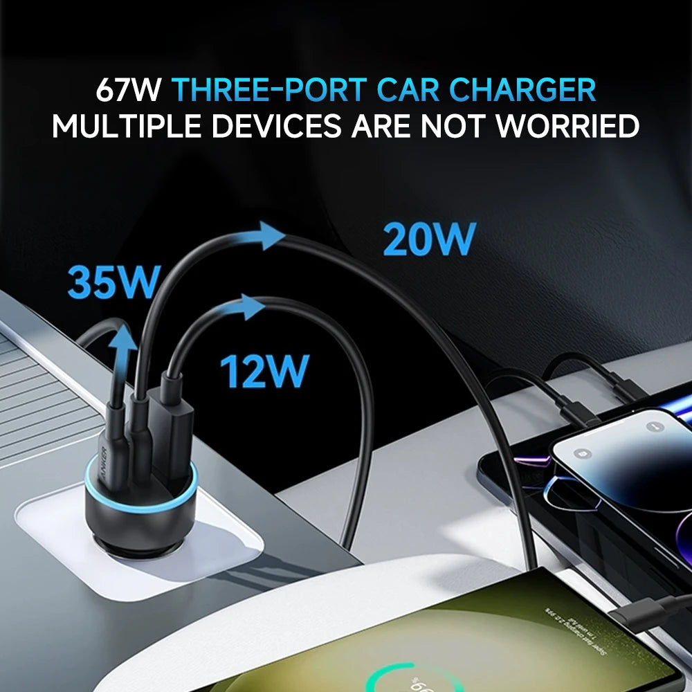 ANKER 67W USB-A Type C Car Charger Super Fast Charger 3 Ports