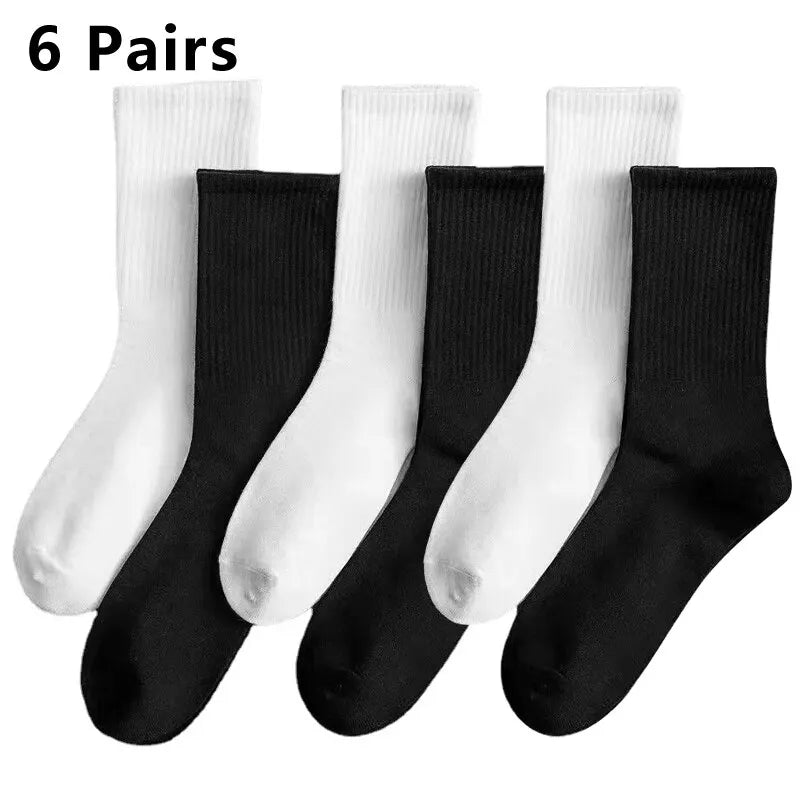 6 Pairs Middle Tube Socks For Men Solid Colour In White and Black