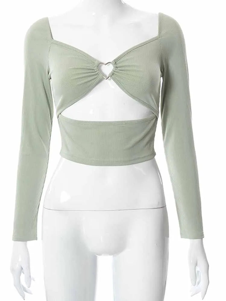 Hollow-Out V-neck Long Sleeve Crop Tops Spring Fall Casual Fashion