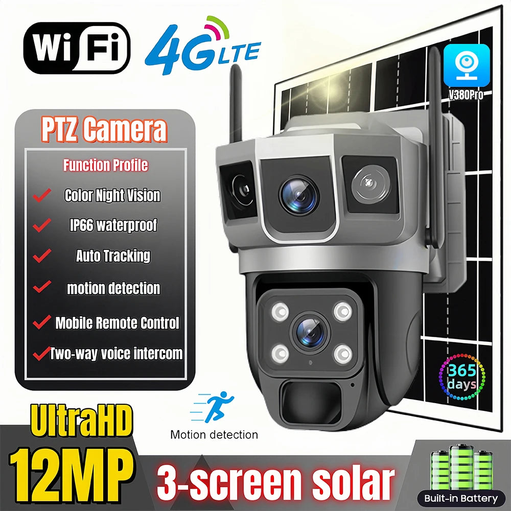 V380Pro Solar Camera 4G Sim Card Camera Triple Screen WiFi Network