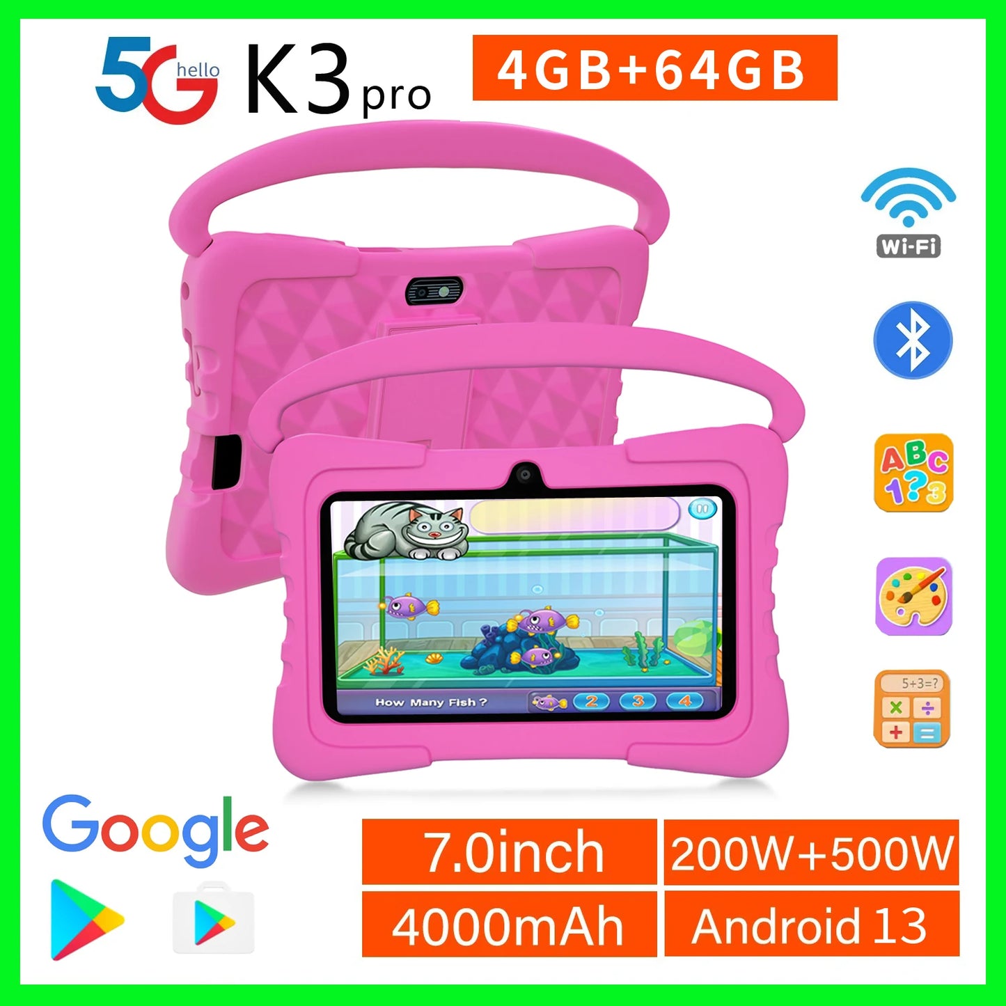 Sauenaneo 7 Inch Kid Tablet Android 13, 4GB(2+2 Expand) RAM 64GB