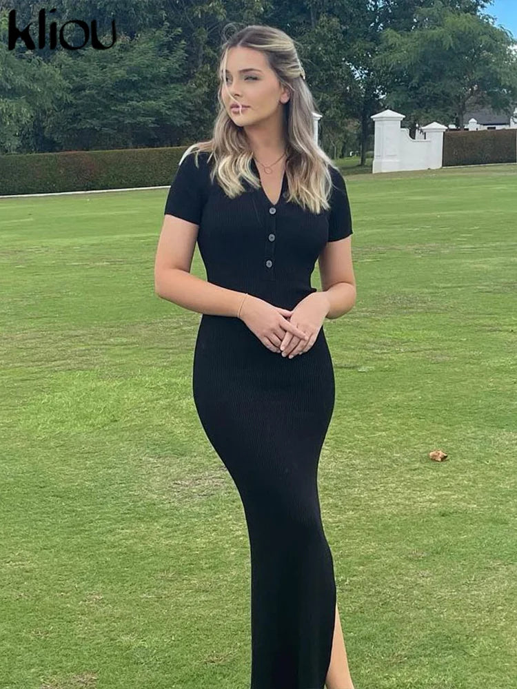 Kliou Elegant Office Lady Maxi Dress Women Solid Fashion Turn-down