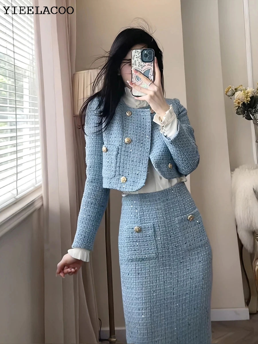 BlueTweed jacket + Skirt Sets fashion Professional Set slimming new