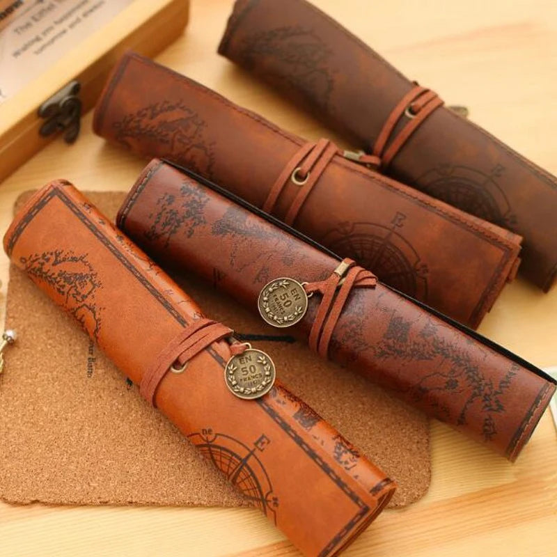Treasure Map Leather PU Retro Boy Girl Pencil Bag Cosmetic Bag Roll
