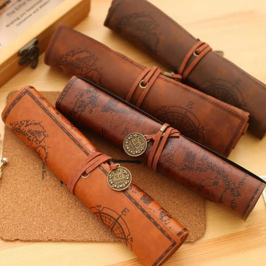 Treasure Map Leather PU Retro Boy Girl Pencil Bag Cosmetic Bag Roll
