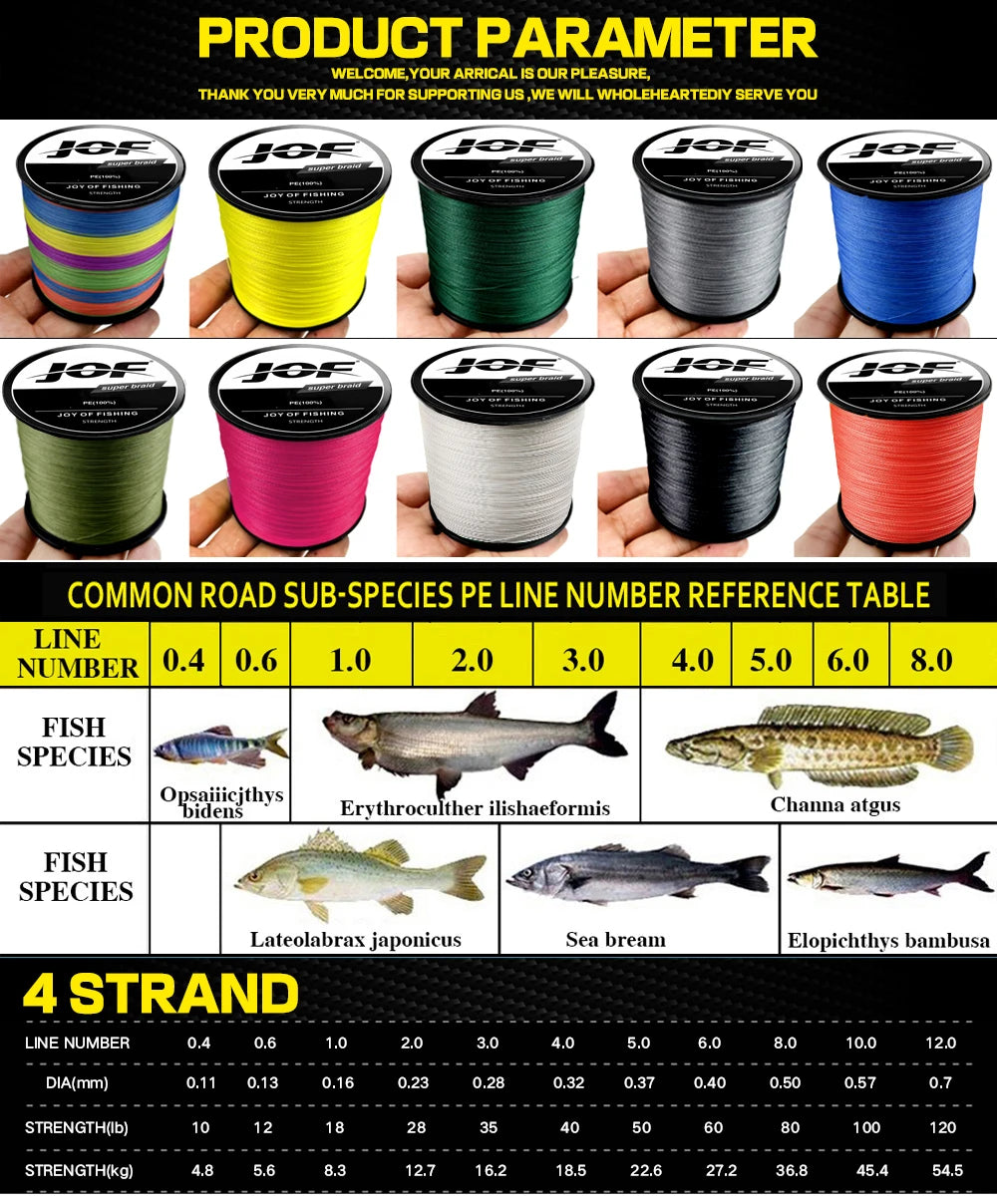JOF 4 Strands Braided Fishing Line Multifilament 300M 500M 1000M Carp