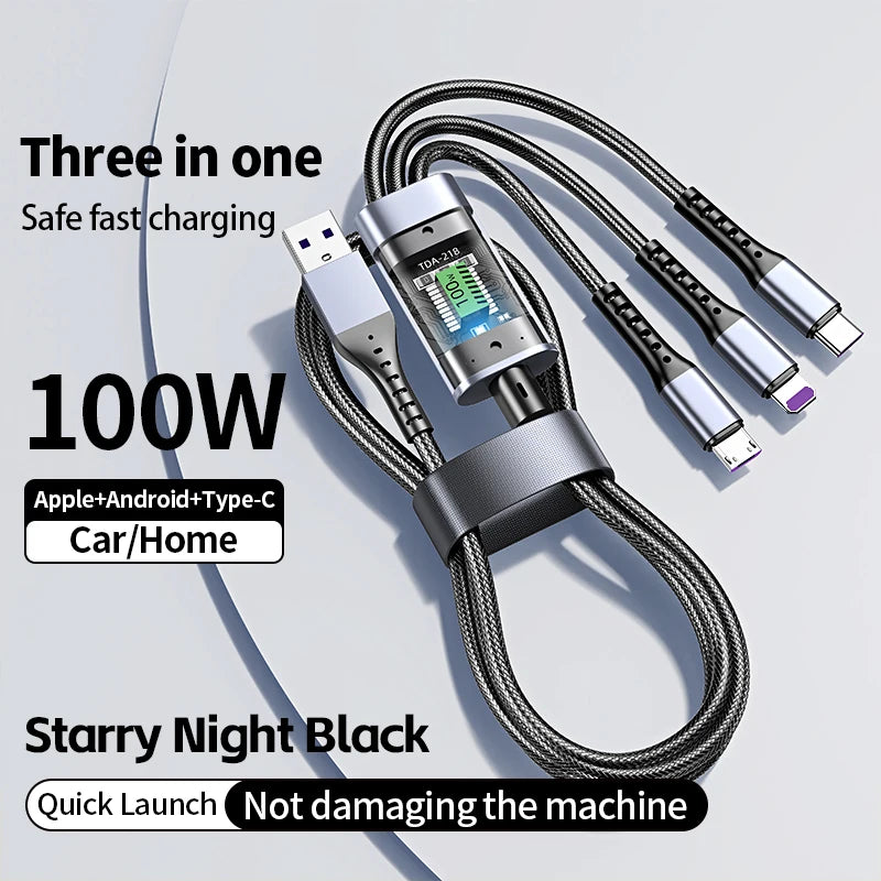 100w 3 In 1 Transparent Fast Charging Cable Type C Usb Micro For