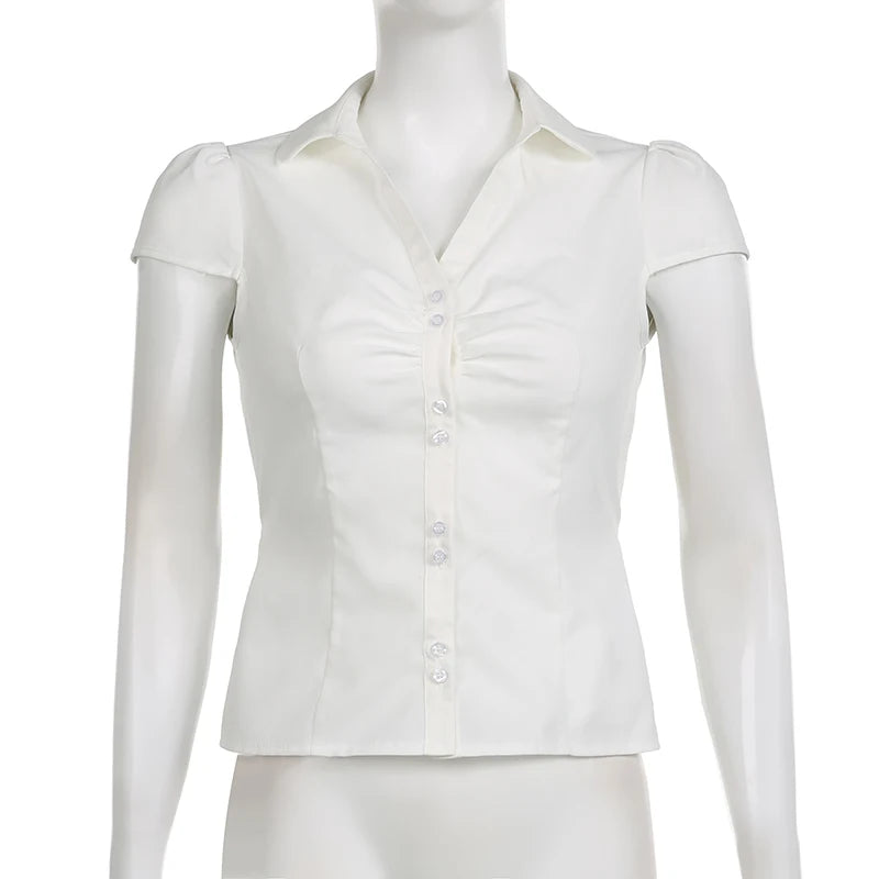 CIBBAR Vintage Folds Crop Top White Button Up Short Sleeve Blouse