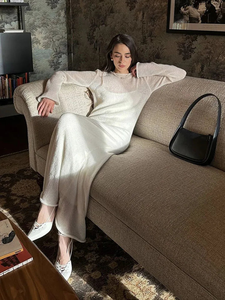 Spring Autumn O-Neck Elastic Knit Long Dresses Women 2024 Elegant Chic