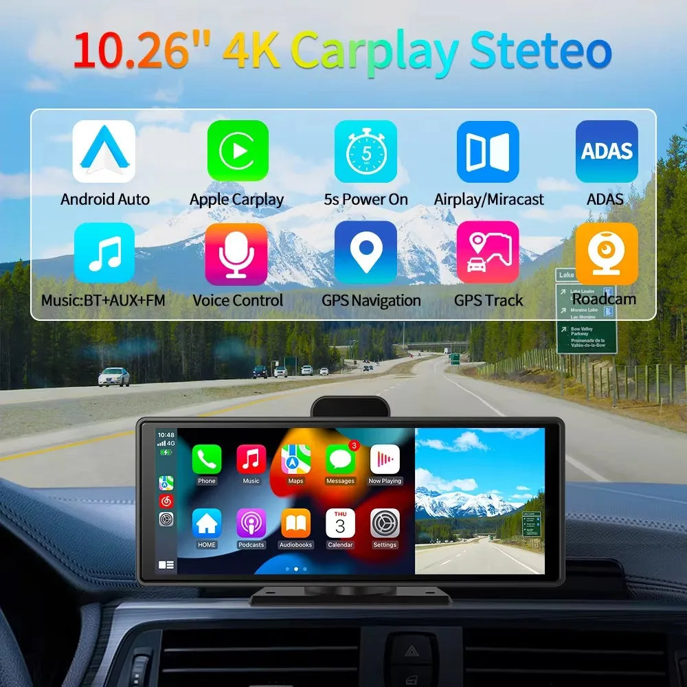 Imagebon 10.26" Dash Cam 4k Wireless Carplay Android Auto Navigation
