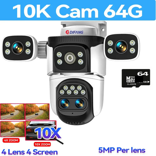 10K UHD WiFi6 IP Camera Outdoor 10X Zoom CCTV Surveillance Cam Four