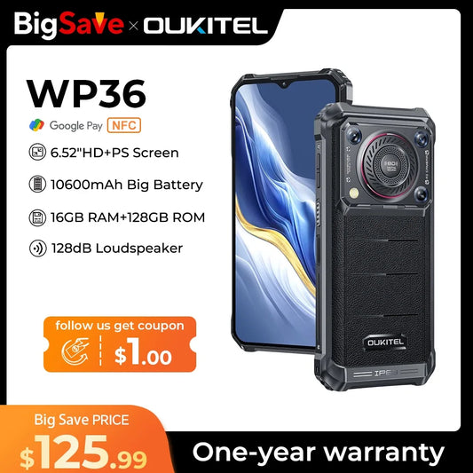Oukitel WP36 Rugged Smartphone 10600mAh 6.52" HD+ Cell phone 16GB